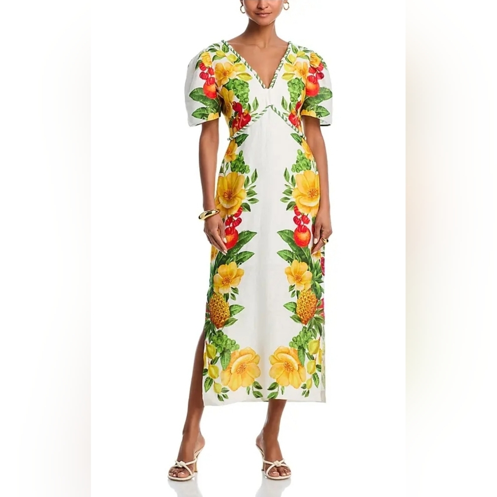Farm Rio Linen Picnic Flowers Maxi Dress Size XS NWT $298 Off White